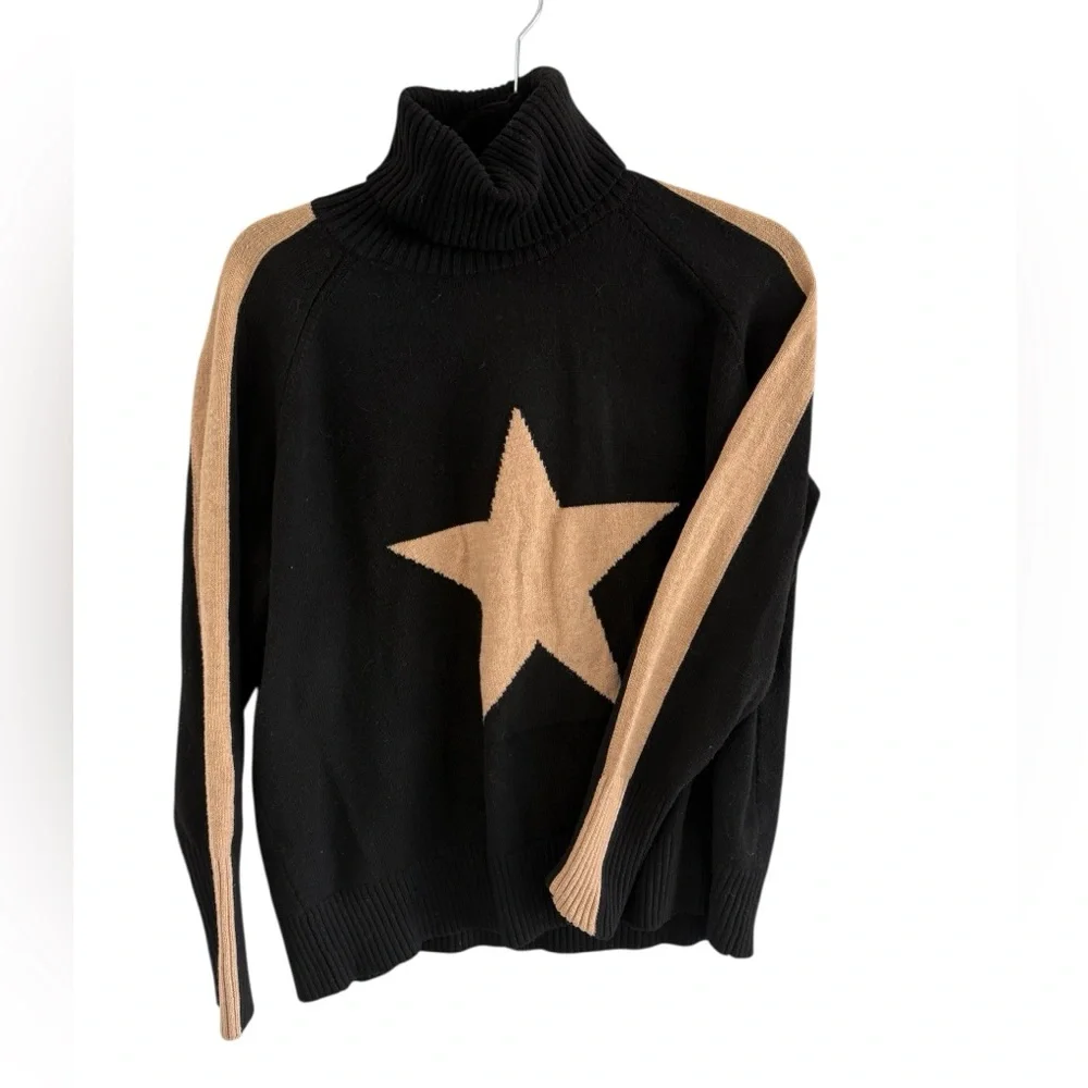 Nordstrom rack black turtleneck sweater with tan star and trim - Picture 3 of 7